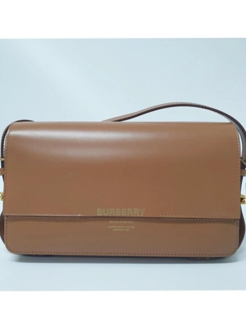 Authentic Burberry Brown Leather Shoulder Bag Logo Flap Dust Bag Luxury - Picture 2 of 12